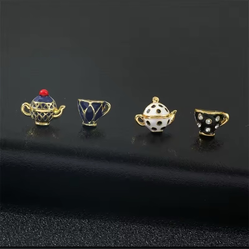 Alice In Wonderland Gold Enameled Black & White Teapot & Teacup Stud Earrings - Picture 9 of 10
